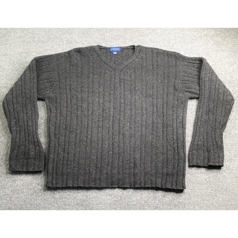 J. Crew Sweater Mens XL Gray Wool V-Neck Ribbed Knit Long Sleeve Charcoal VTG